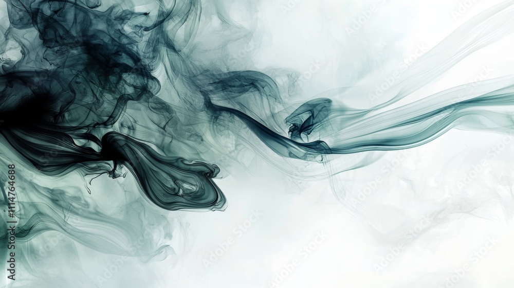 Poster dark green smoke is creating abstract and interesting shapes while swirling and moving on a white ba