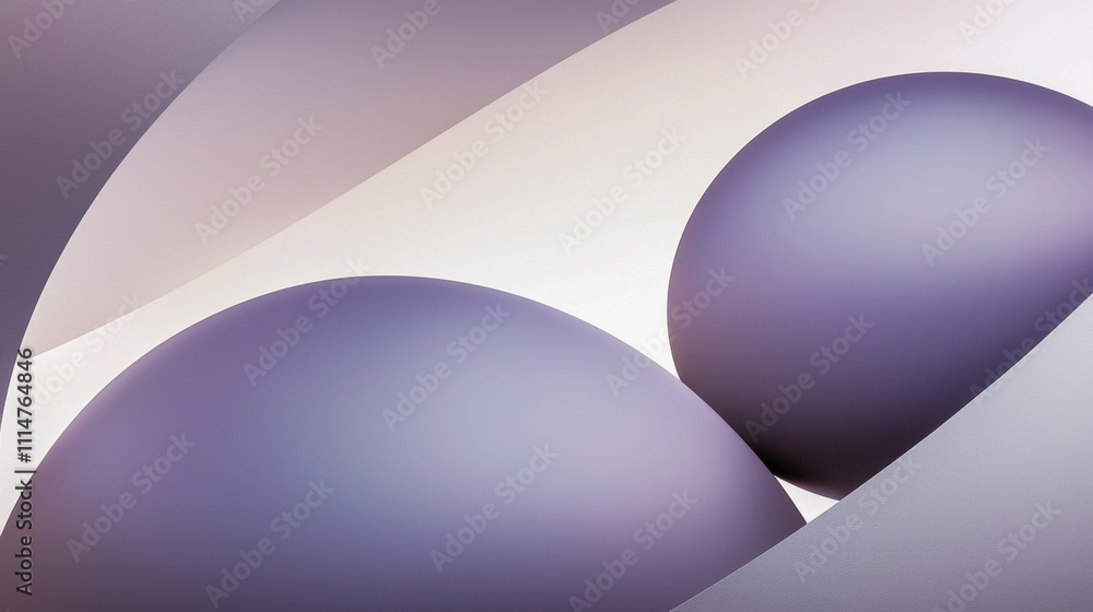 Poster two purple spheres emerge from behind softly curved shapes in a minimalist and abstract composition,