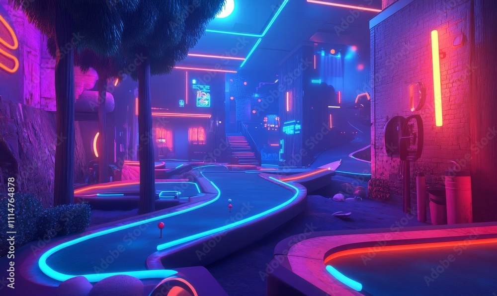 Aufkleber a mini golf course is set up with neon lights illuminating the course and adding to the fun atmosphe