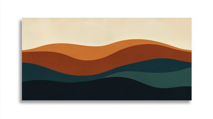 Obraz premium Minimalist abstract landscape featuring rolling hills in warm earthy tones of orange, brown, and teal, creating a serene and calming atmosphere