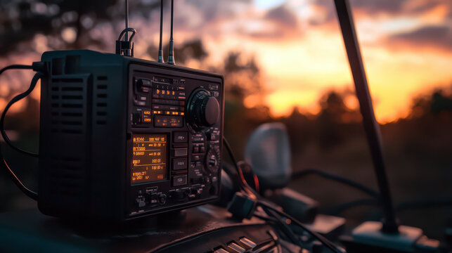Celebrating World amateur radio day with vintage equipment at sunset