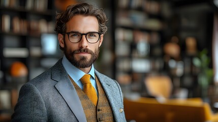 Obraz premium Confident man in a suit with glasses stands in a modern library setting.