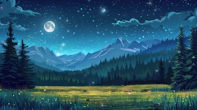 Mountain grassland and pine forest beneath starry night sky with peaceful atmosphere
Seamless looping 4k time-lapse virtual video animation Generated AI
