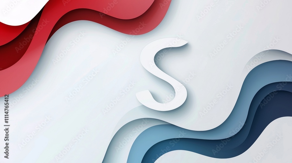 Poster white letter s positioned over a vibrant red and blue abstract paper cut background, creating a mode