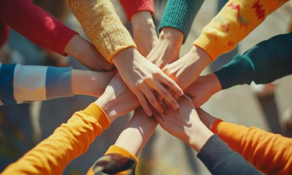 Colleagues joining hands in a circle represent teamwork, collaboration, and unity within a professional environment, showcasing strong interpersonal connections and shared goals