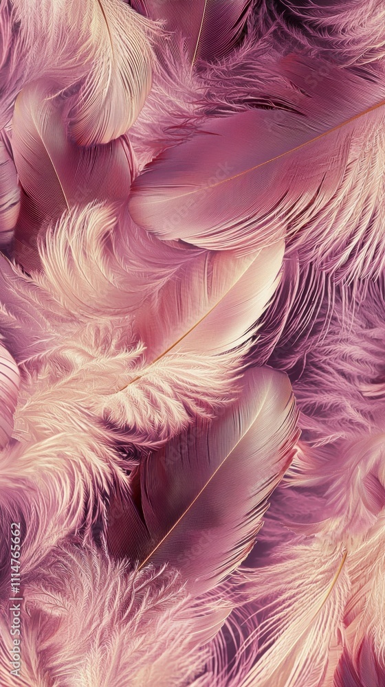 Poster soft pink feathers are overlapping, creating a delicate and textured background, evoking feelings of