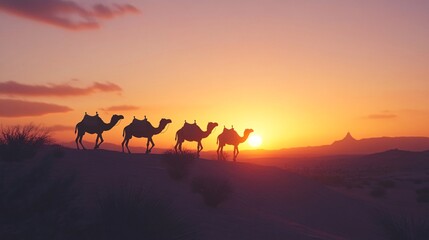 Fototapeta premium a Silhouettes of camels walking across a desert at sunset. Desert landsacpe illustration