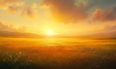 Obraz premium A golden sunrise illuminates a serene meadow, casting a warm glow over the landscape.