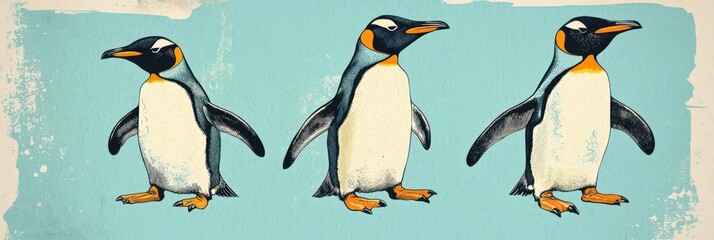 Celebrating world penguin day with playful penguin illustrations. Horizontal banner. Copy space. Family of penguins on a blue background. World Wildlife Day. Vintage illustration