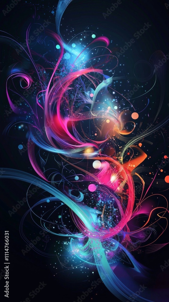 Poster brightly colored abstract lines and particles intertwine and flow dynamically against a dark backgro
