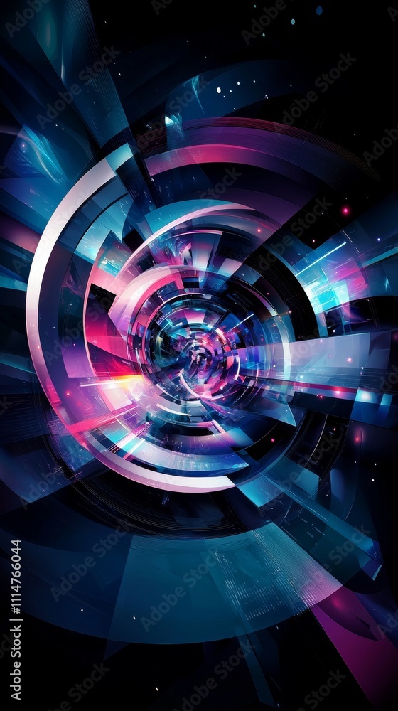 Poster colorful circular shapes and lines converging towards the center, creating a sense of depth and move