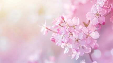 Fototapeta premium Beautiful pink cherry blossom flowers blooming on a sunny spring day create a dreamy and romantic atmosphere with soft pastel colors and bokeh effect