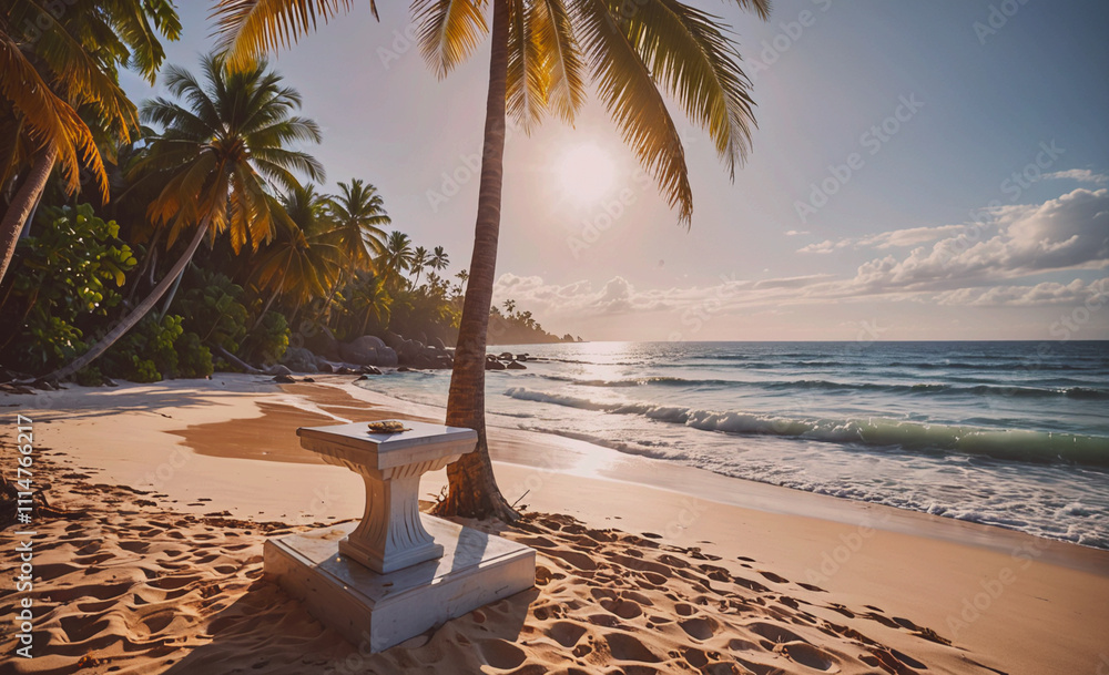 Poster white bench is sitting on the beach next to a palm tree. the bench is empty. the beach is sandy and 