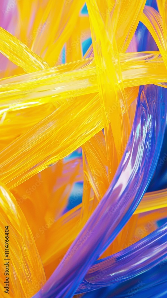 Poster dynamic composition featuring colorful abstract lines intertwining and overlapping, creating a vibra