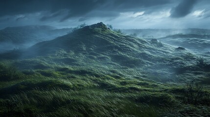 Misty, windswept grassy hilltop at dawn.