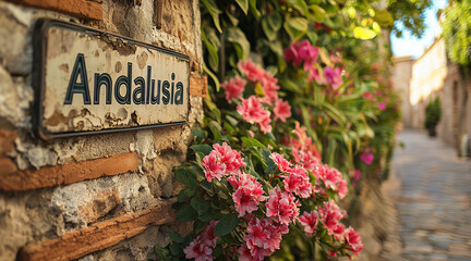 closeup picture of "Andalusia" street sign on an old brick wall with flowers