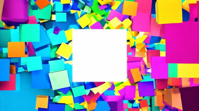 A colorful background with a white square in the middle. The square is surrounded by many different colored squares