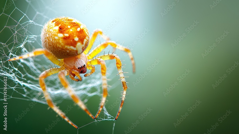 Poster a zoomed-in picture of a vibrant yellow and orange spider perched on a web of cobwebs with a fuzzy b