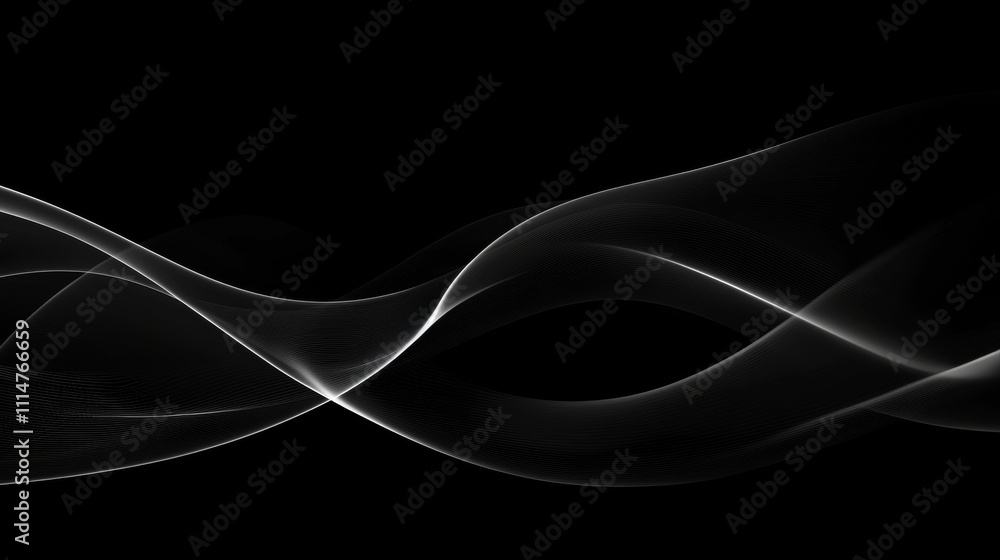 Poster white blurry waves creating a beautiful abstract design over a black background, perfect for website