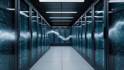 Server room and theme of flowing artificial intelligence and energy 