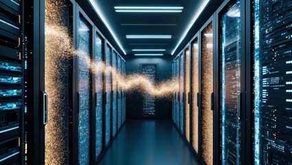 Server room and theme of flowing artificial intelligence and energy 