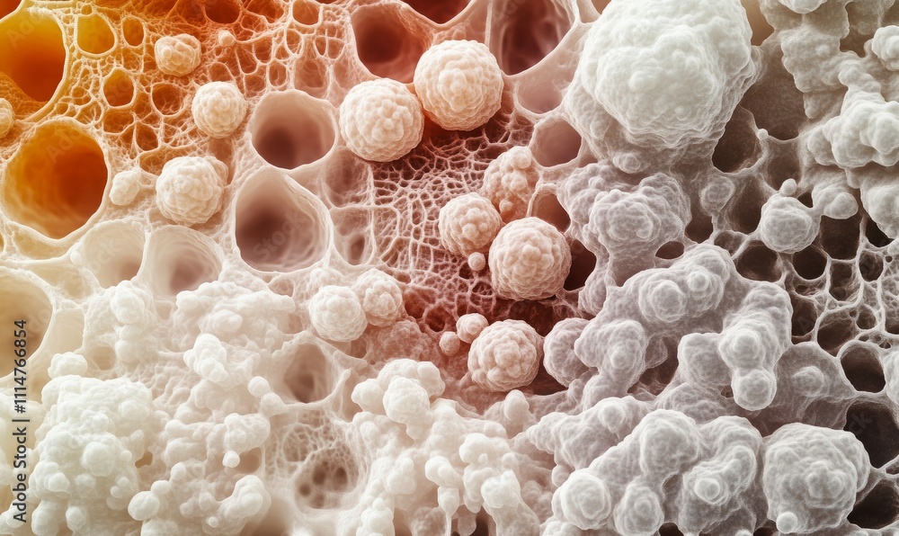 Poster a microscopic view of different types of adipose cells including white and brown fat cells. the brow