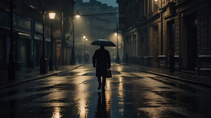 Obraz premium Solitary figure walks under umbrella on rainy night street.