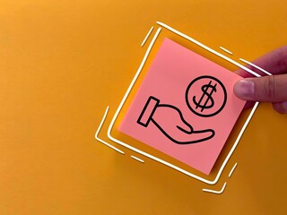 Hand icon with money. getting a lot of money. Money icon drawn on office paper for notes.