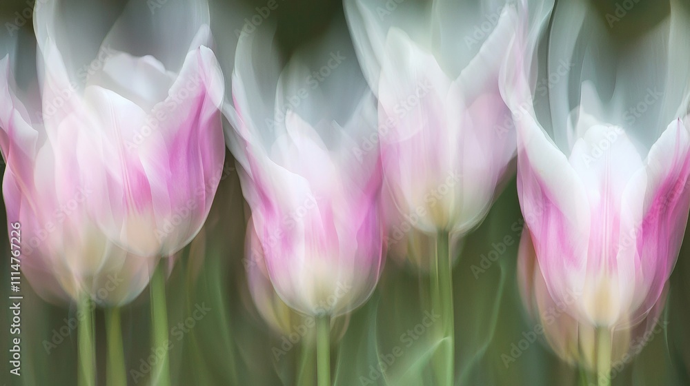 Poster soft focus and motion blur create an impressionistic effect, transforming pink and white tulips into