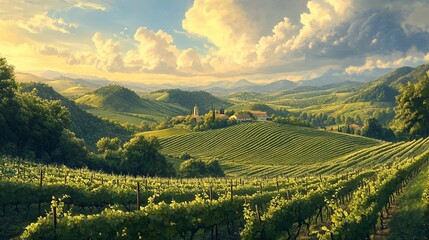 Fototapeta premium Scenic vineyard landscape at sunset with rolling hills, lush greenery, and a charming village.
