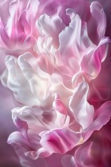 Naklejka premium Soft, translucent pink and white tulip petals overlap, creating a dreamy, ethereal floral background with a gentle, romantic feel, perfect for various design applications