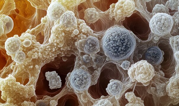 A microscopic view of different types of adipose cells including white and brown fat cells. The brown fat cells have a higher concentration