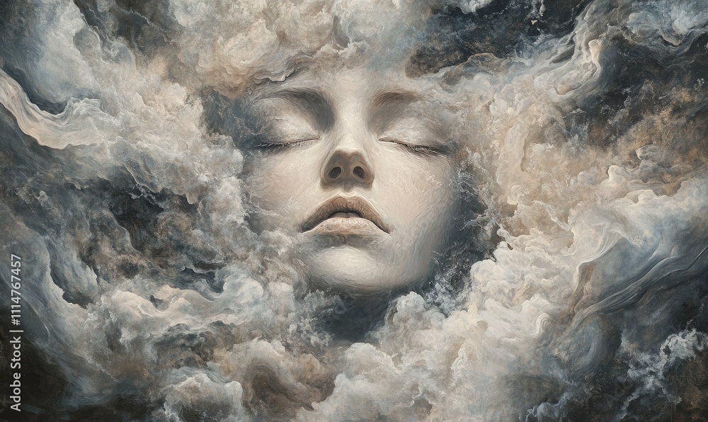 Poster a serene face surrounded by swirling clouds, blending human features with ethereal elements in a dre