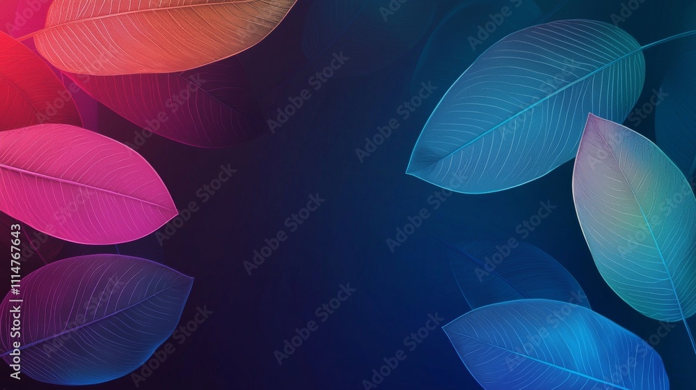 Poster colorful transparent leaves are overlapping, creating a vibrant and elegant background with a gradie