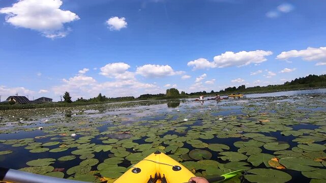 Kayaking along river through growing white lily nymph on sunny summer day. Person floating in boat on river with surface of water reflecting white clouds on calm day. Tourism. Active lifestyle. POV