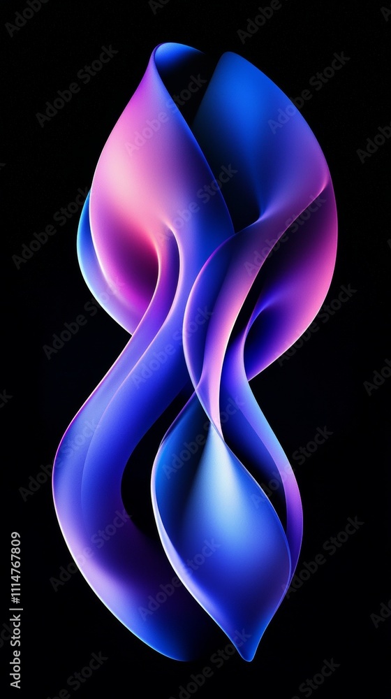 Poster pink and blue abstract shapes gracefully twist and intertwine against a stark black backdrop, creati