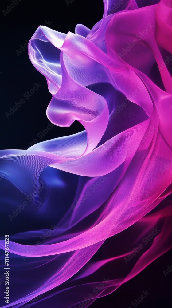 Poster smooth elegant pink and purple fabric flowing on a dark background, creating a mesmerizing abstract 