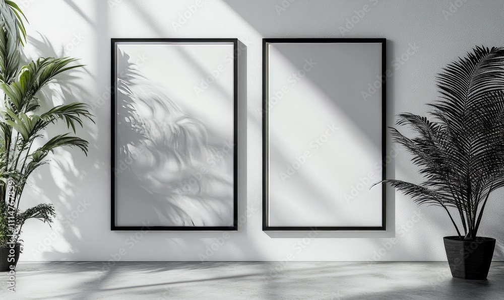 Poster a pair of vertical black frames mock up on concrete floor with light overlays. a pair of vertical bl