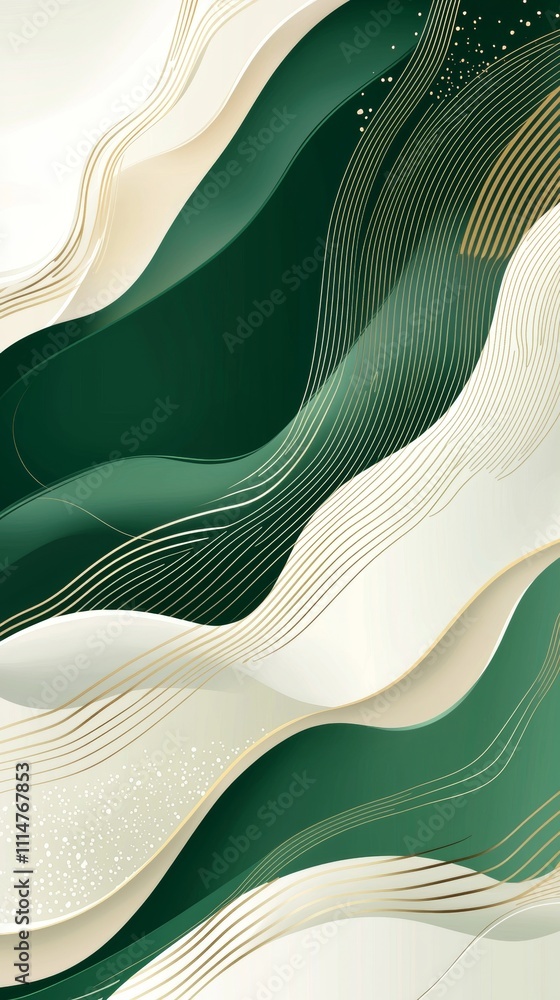 Poster flowing green and gold abstract waves create a luxurious and elegant background, enhancing various d