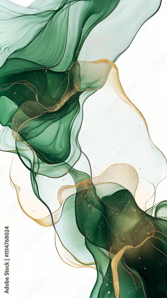 Aufkleber abstract fluid art painting in alcohol ink technique featuring flowing green and gold colors creatin