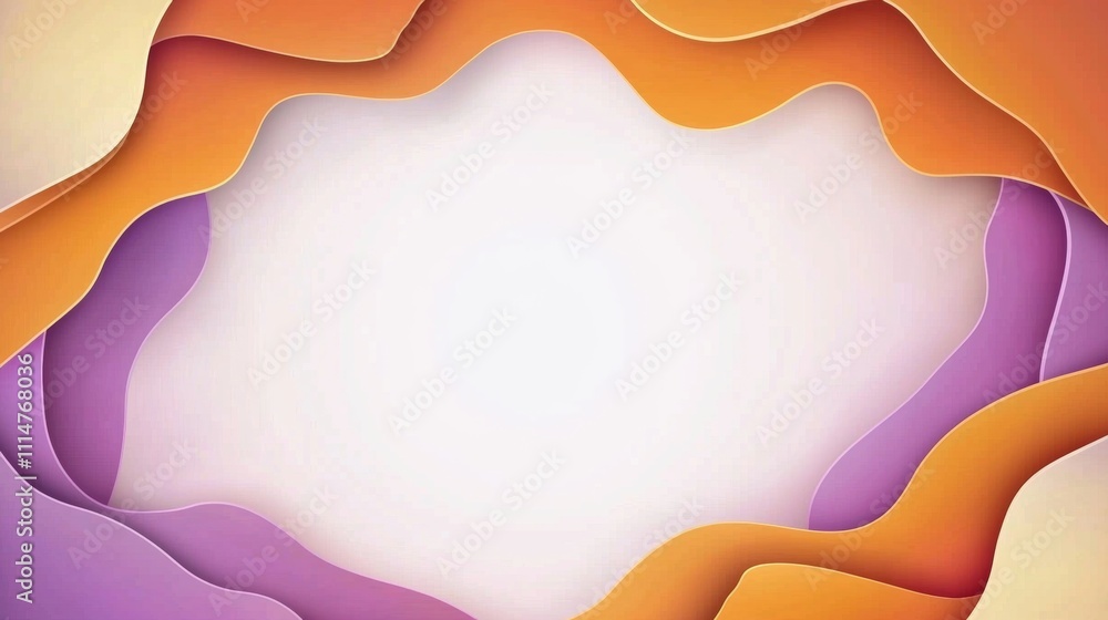 Poster smooth, undulating layers of orange and purple paper cutouts create a dynamic and vibrant abstract b
