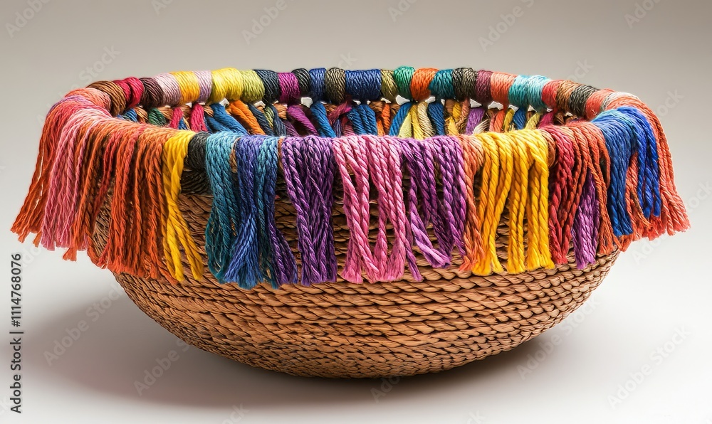 Poster a of colorful threads can be seen woven into a handwoven basket adding a vibrant pop of color to the