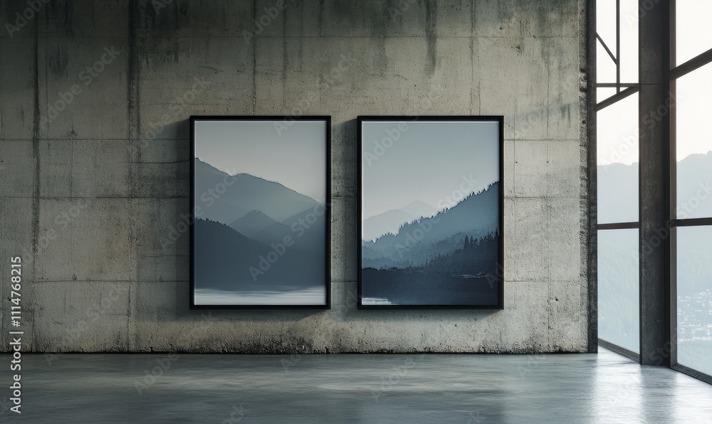 Poster a pair of vertical black frames mock up on concrete floor with light overlays. a pair of vertical bl