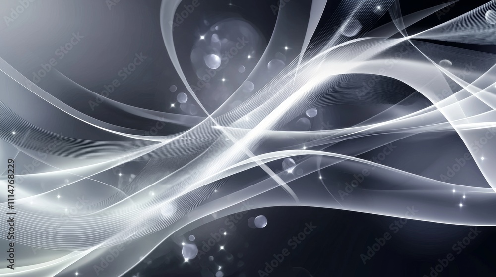 Poster Elegant gray background image featuring dynamic white lines flowing gracefully across the space, adorned with luminous particles creating a sense of depth and motion