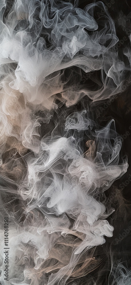 Poster white and brown smoke is swirling and mixing together against a black background, creating a mesmeri