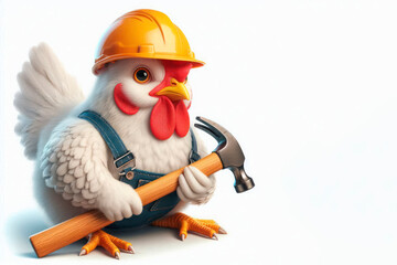 Obraz premium A chicken in a construction helmet with a hammer. Space for text.