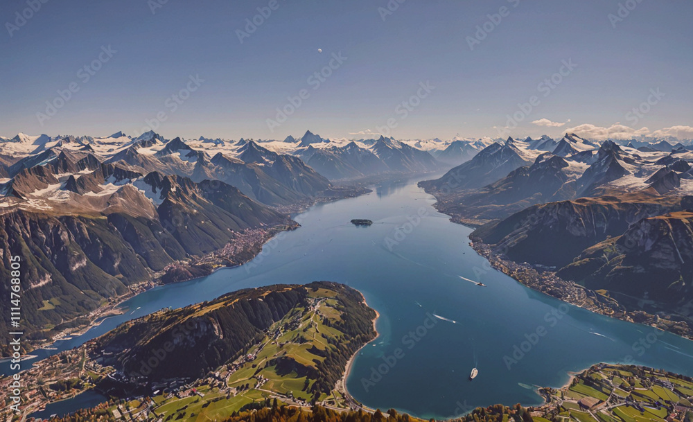 Poster Mountain range with a lake in the middle. The lake is surrounded by mountains and has a small island in the middle