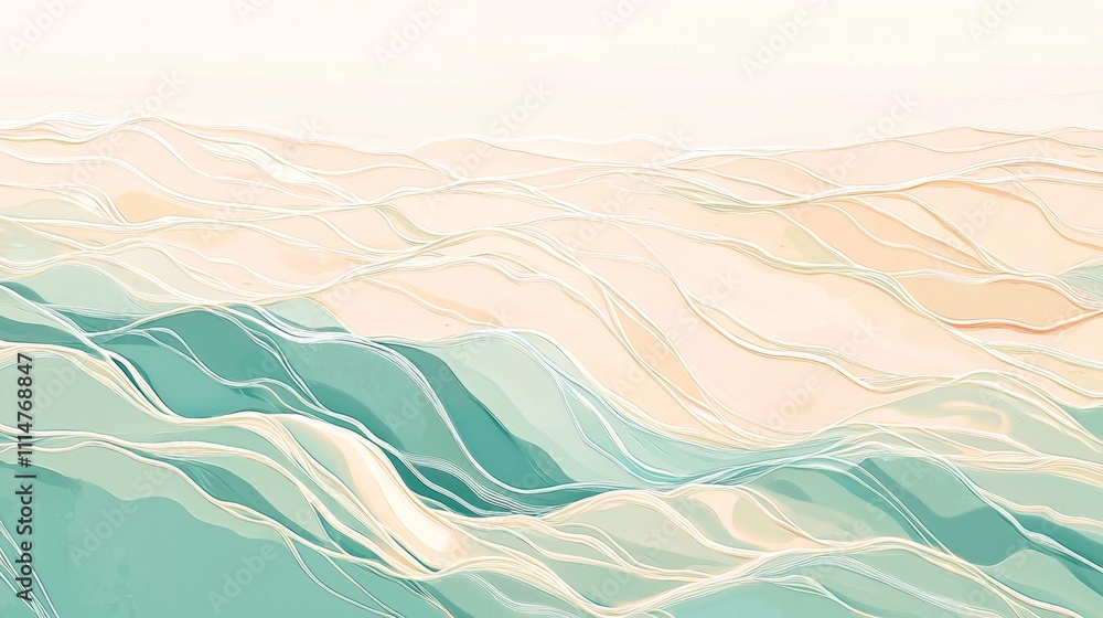 Poster turquoise and beige waves are overlapping and creating a beautiful abstract background with flowing 