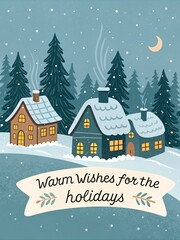 Fototapeta premium A serene Christmas card showing a cozy village blanketed in snow