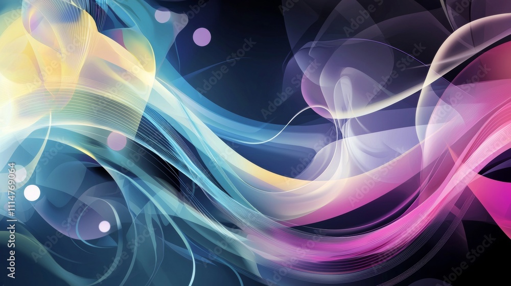 Poster Smooth, translucent waves of vibrant colors flow and blend seamlessly, creating a dynamic and ethereal abstract composition in a digital space, perfect for backgrounds and design elements